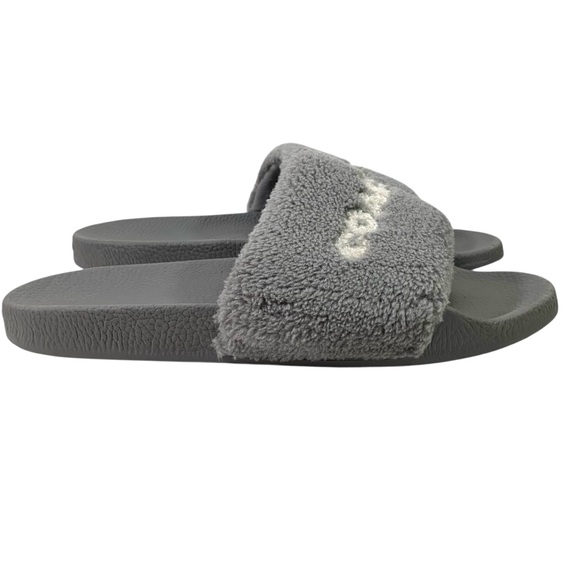 Coach Uli Sport Slides Plush Fuzzy Faux Shearling Gray Logo Spellout Size 10 - Picture 2 of 8